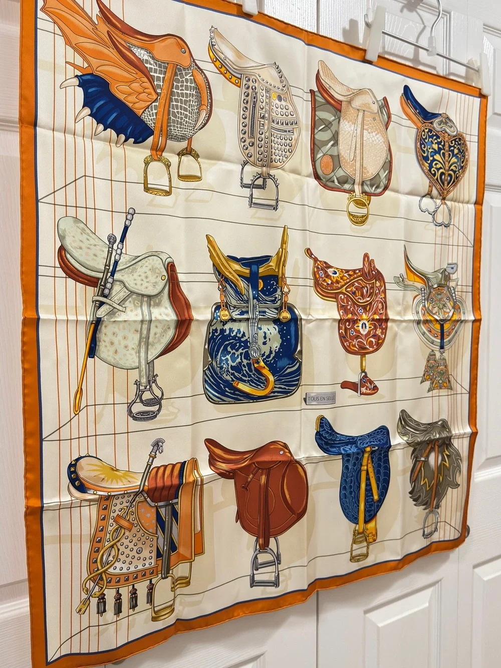 Hermes 90cm Tous En Selle - Cream & Orange Scarf